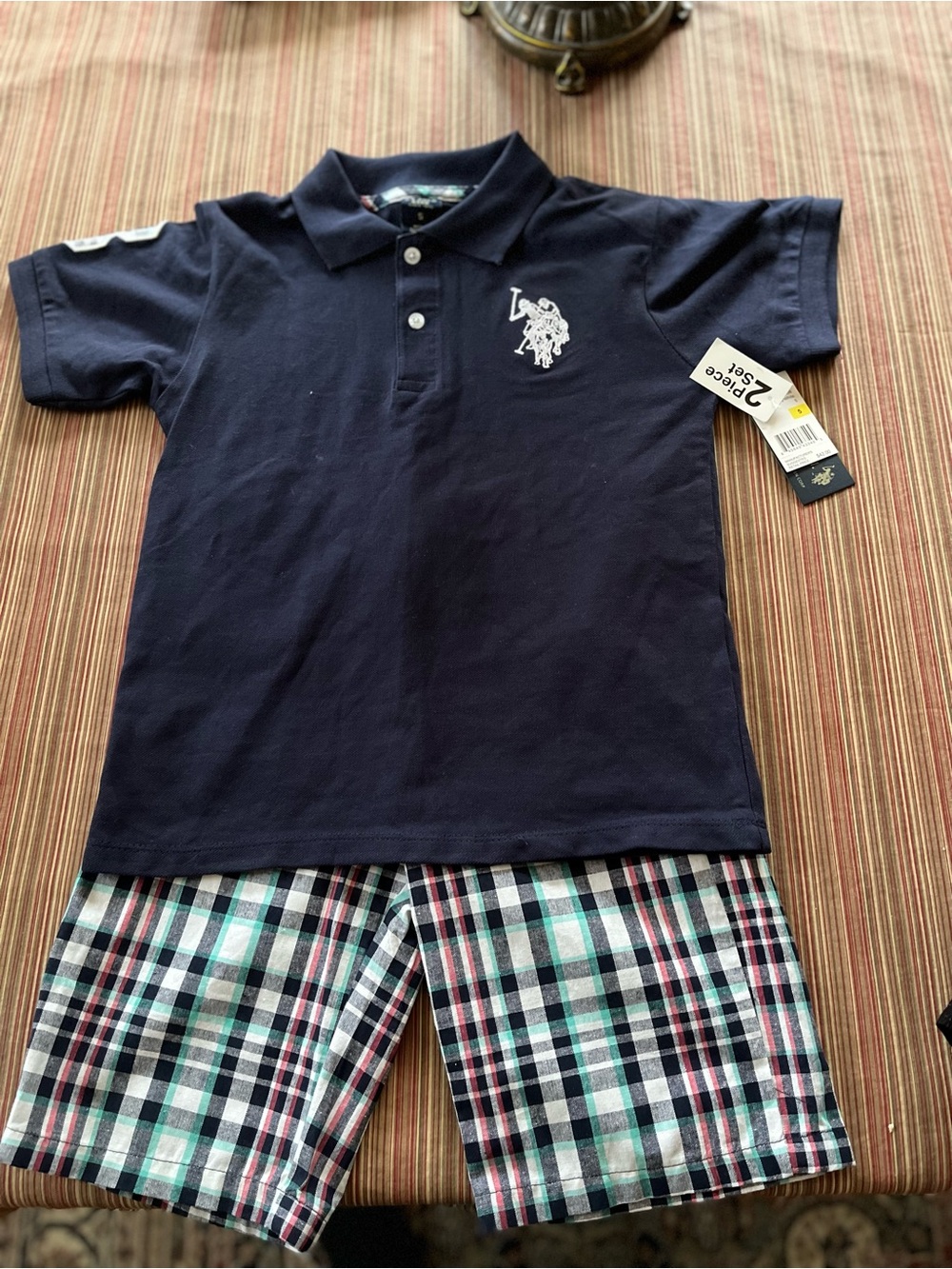 Kids Polo Shirt and Plaid Shorts Set - Navy us polo assn size 5